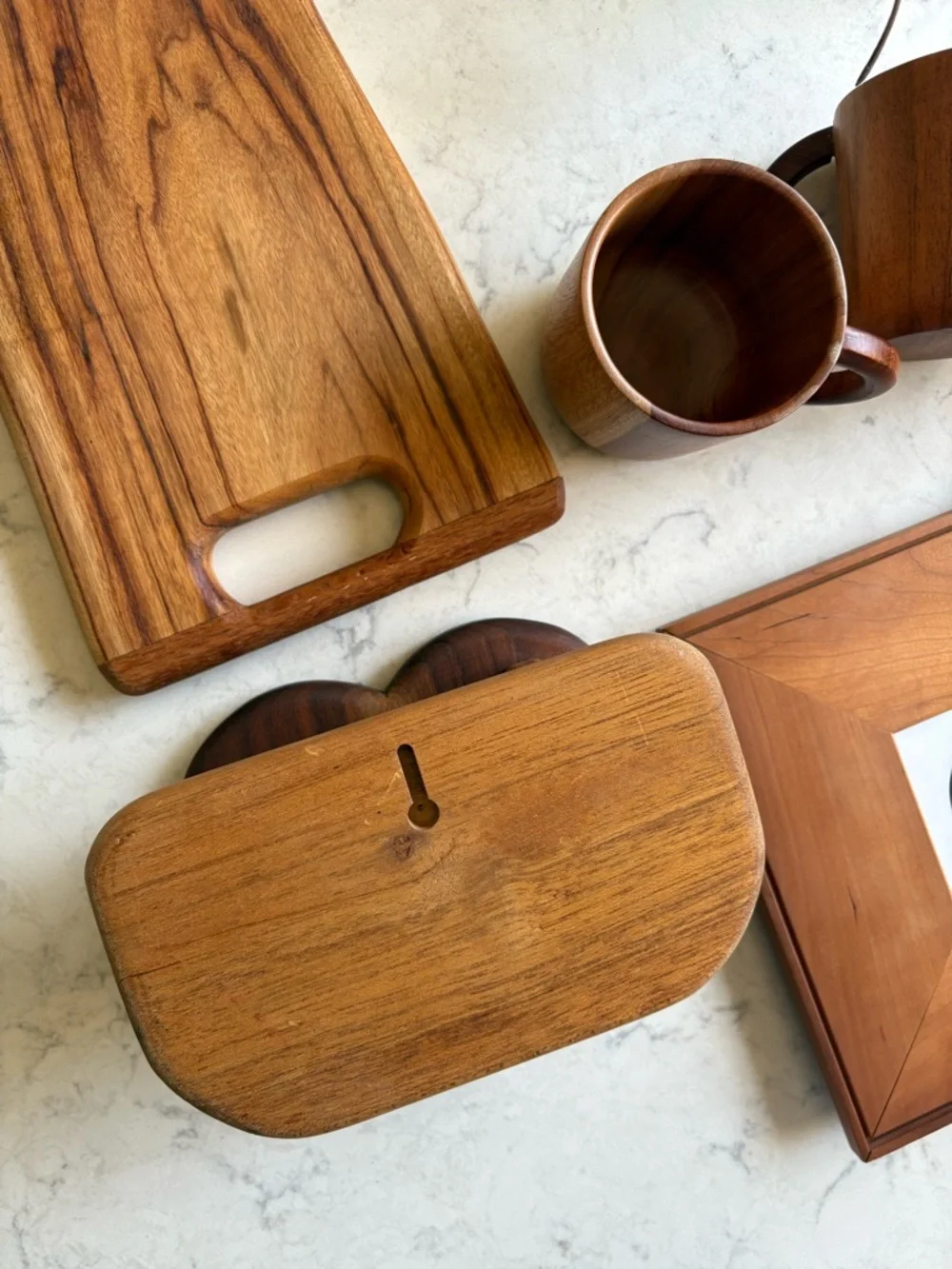Vintage Mid Century Kitchen Serving Decor Lot Natural Wooden Mugs Trays & Boards